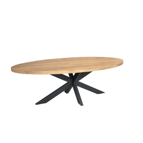 Ovale eettafel met licht houten blad en zwarte metalen pootconstructie