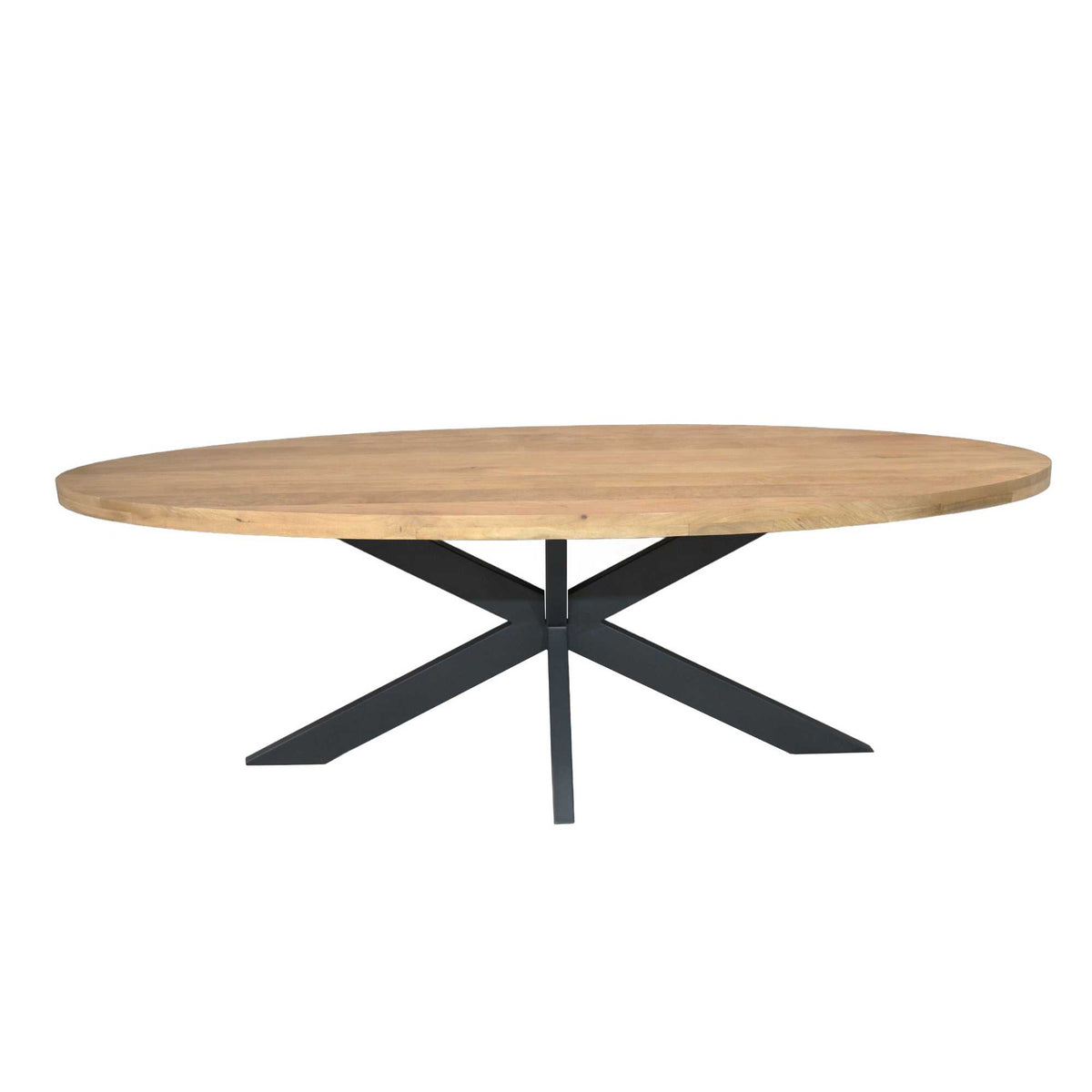 Ovale houten eettafel met zwart metalen onderstel in kruispootvorm