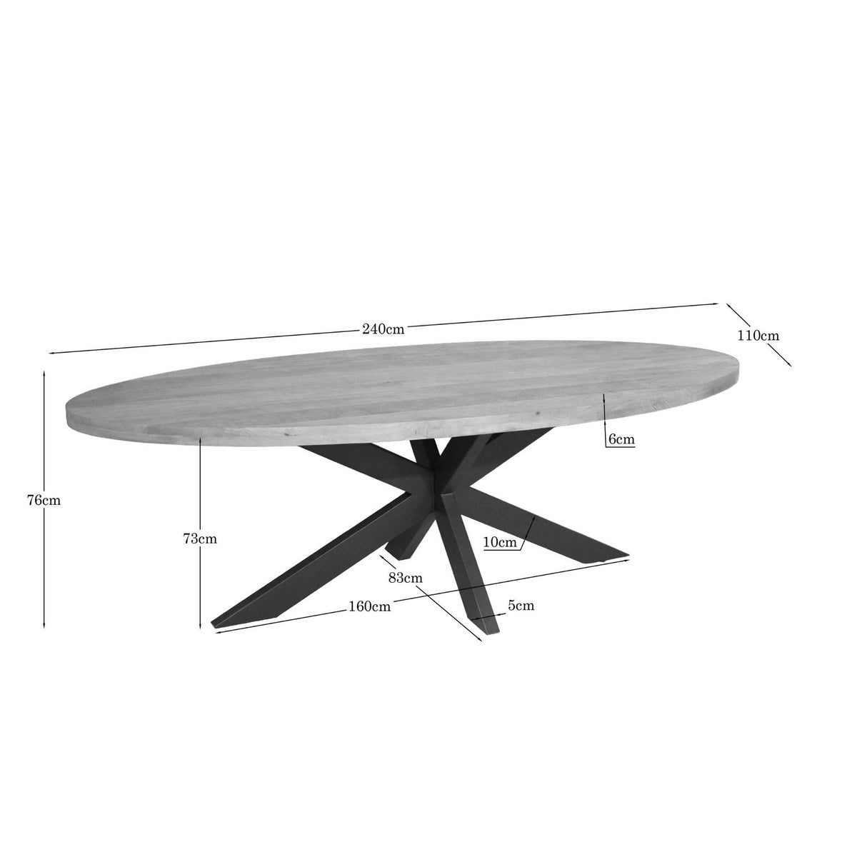 Ovale eettafel 240 cm met zwarte kruispoten, maatvoering getekend