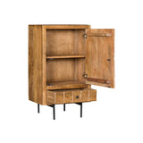 Houten kast met open deur, zichtbare schappen en lade, bruin.