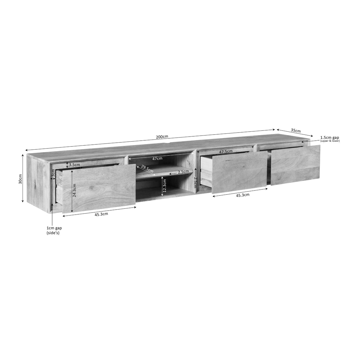 Technische tekening met afmetingen van zwevend tv-meubel, 200 cm breed