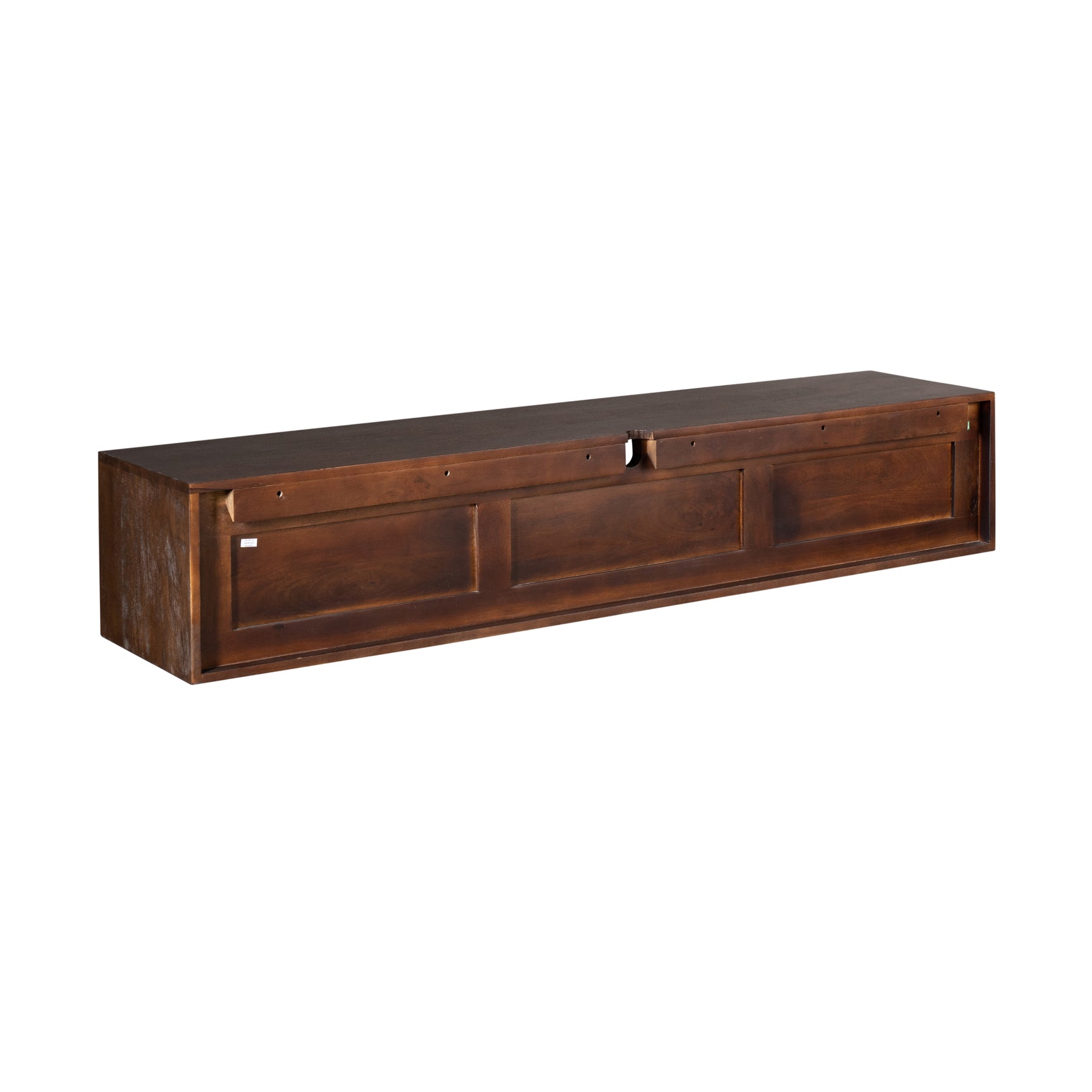 Zwevend tv-meubel bruin, zijkant zicht: open midden en twee schuifladen