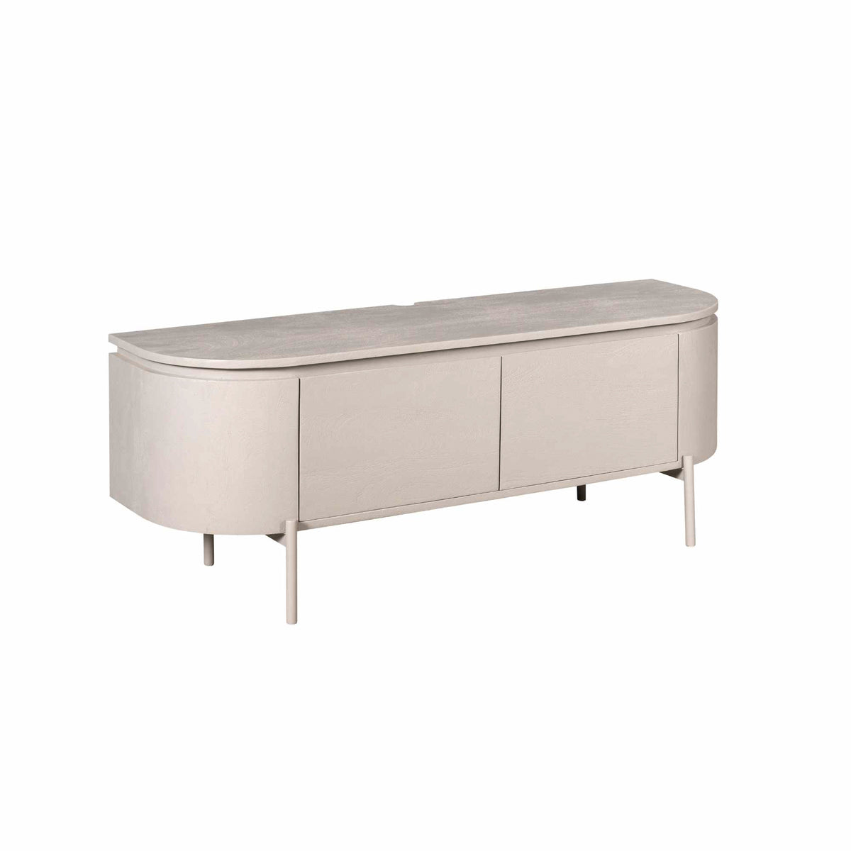 Tv-meubel taupe met lange ladefronten, afgeronde randen en 4 slanke poten.
