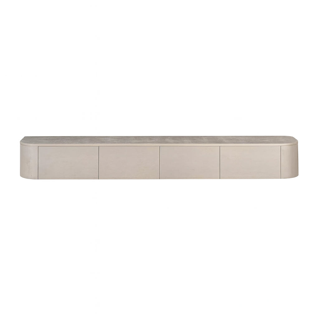 Tv-meubel taupe met 4 frontpanelen en afgeronde rand, lage kast op poten