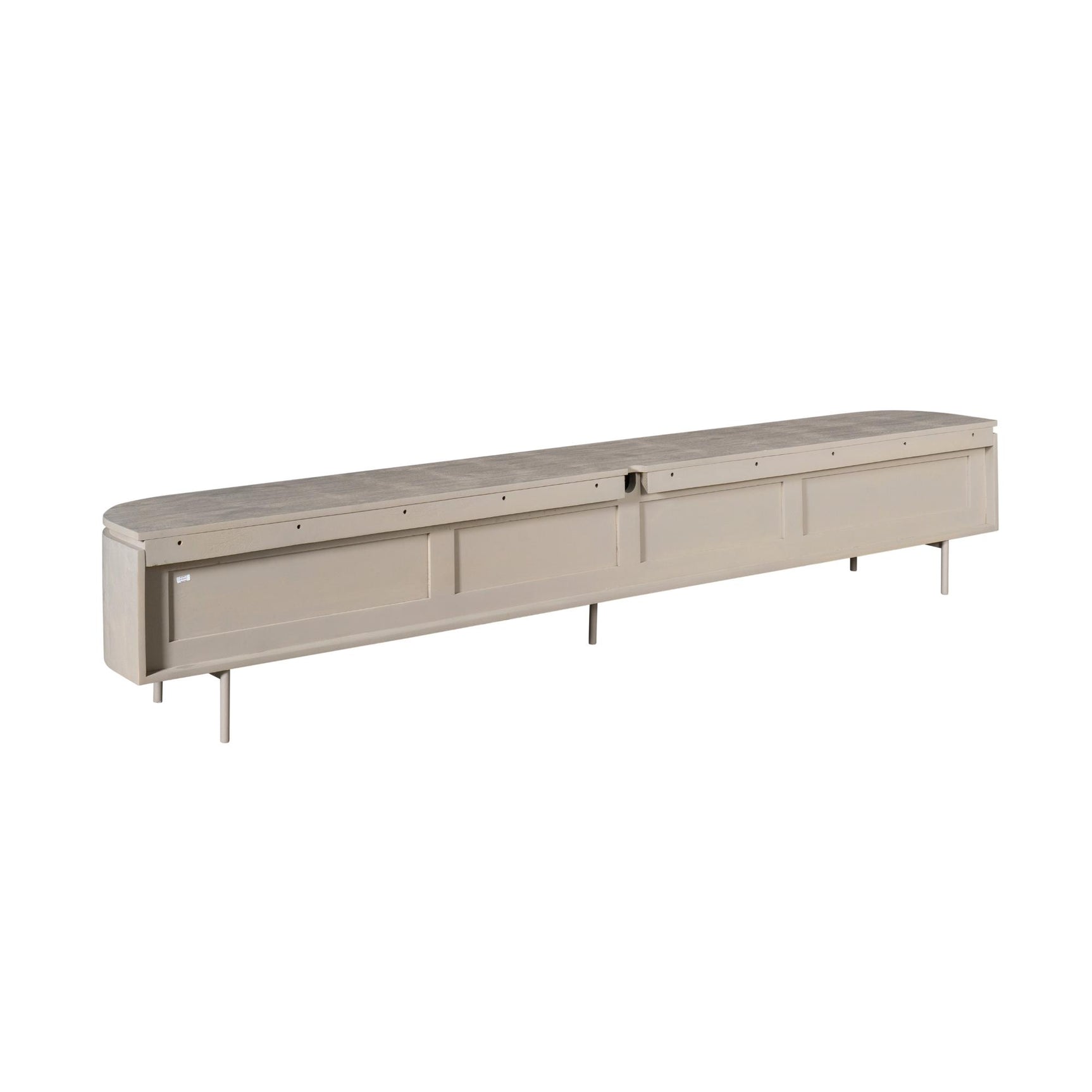 Taupe tv-meubel met 5 smalle frontdelen en slanke pootjes, lang model