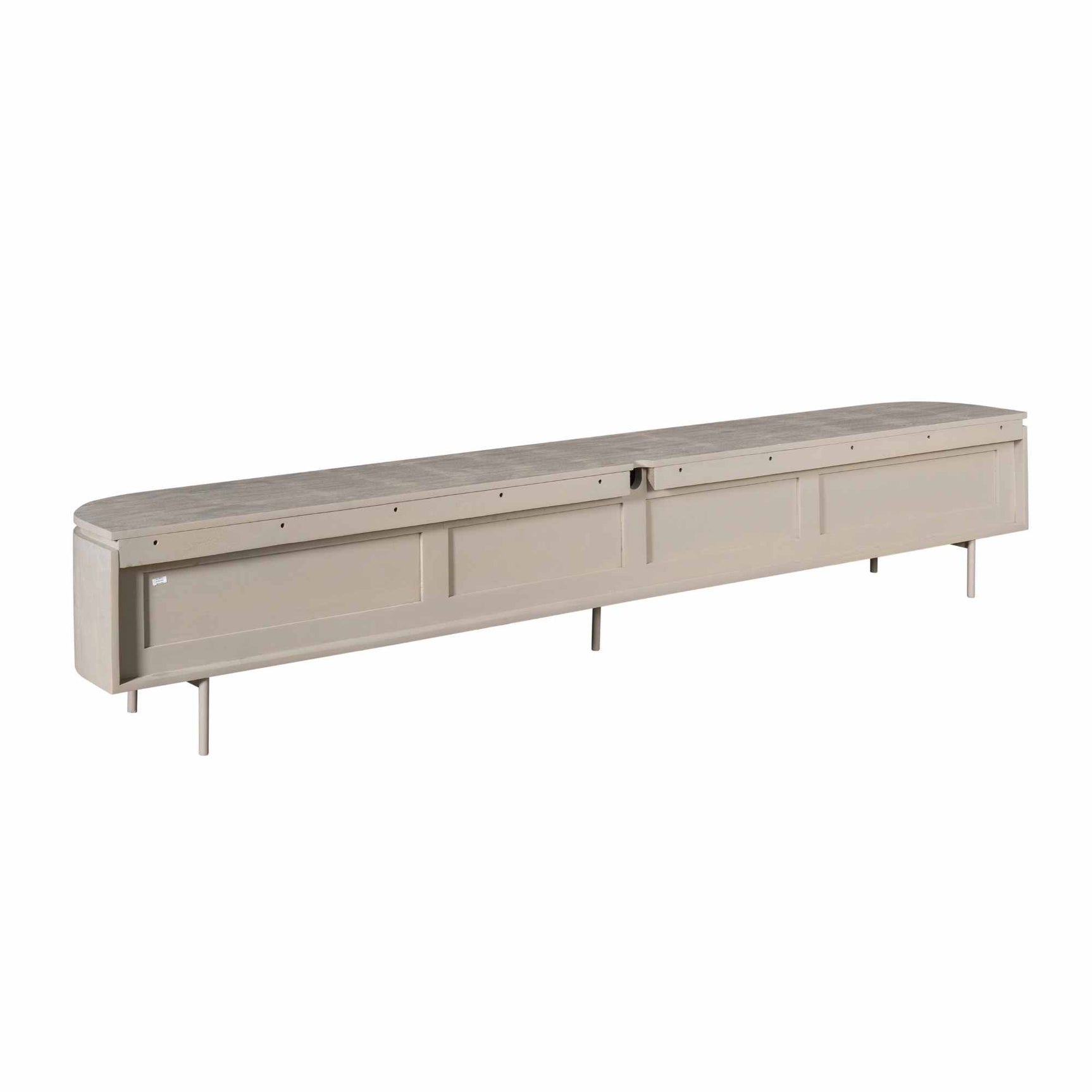 Taupe tv-meubel met lange ladefronten en metalen pootjes