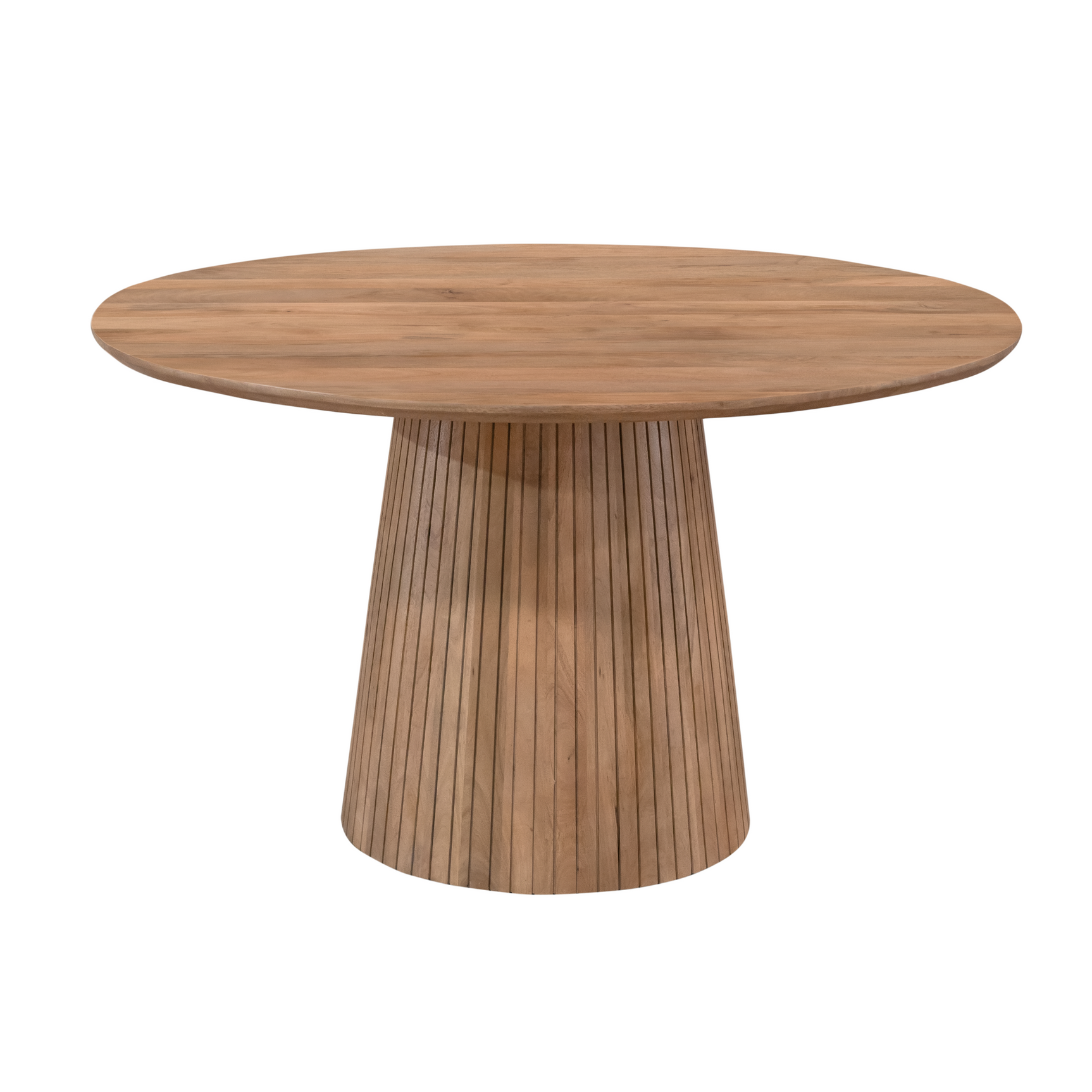 Studiofoto: ronde naturel houten eettafel met centraal ribbelvormig onderstel