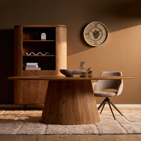 Ovale eettafel in naturel hout met centrale taps toelopende poot