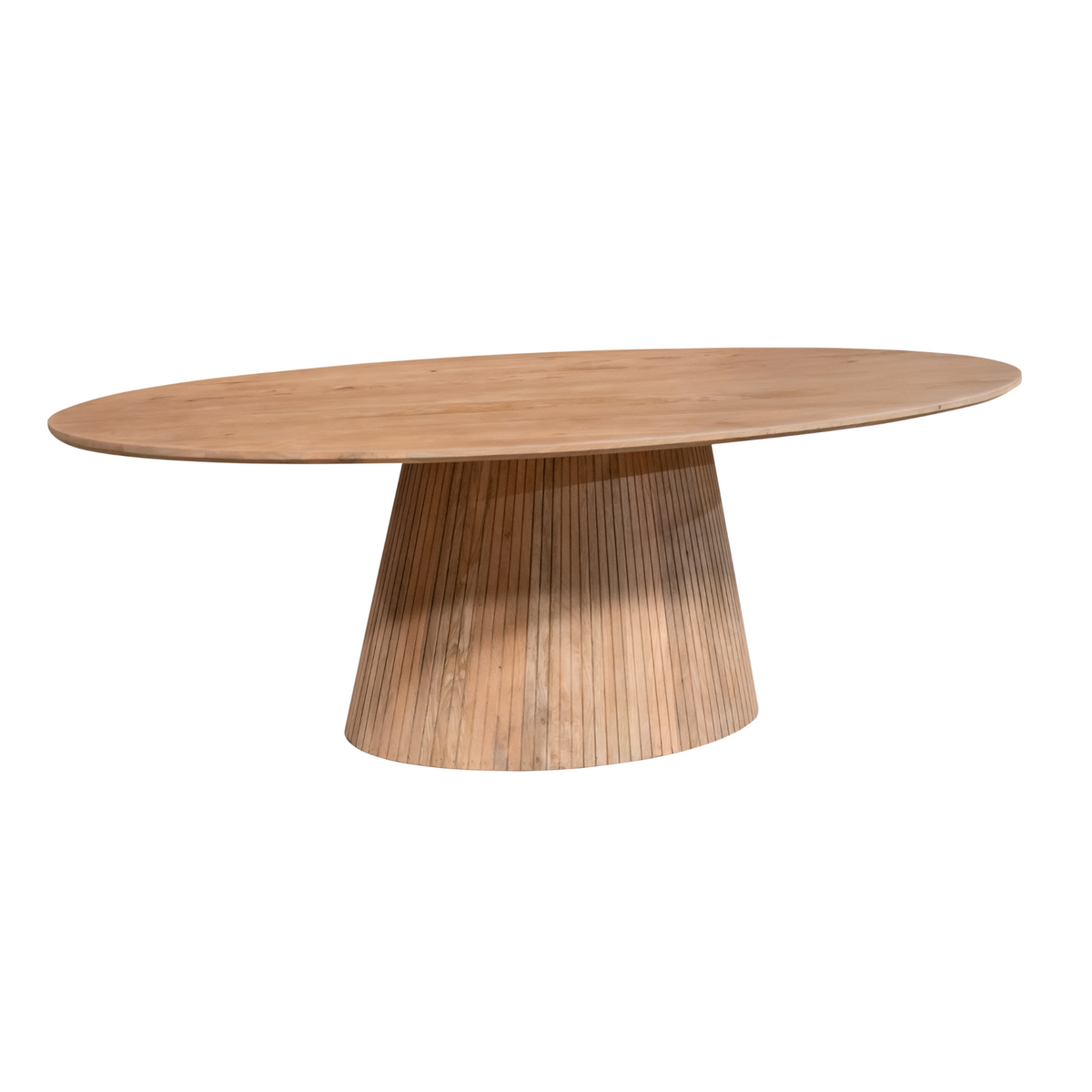 Ovale eettafel van natuurhout met ronde centrale voet
