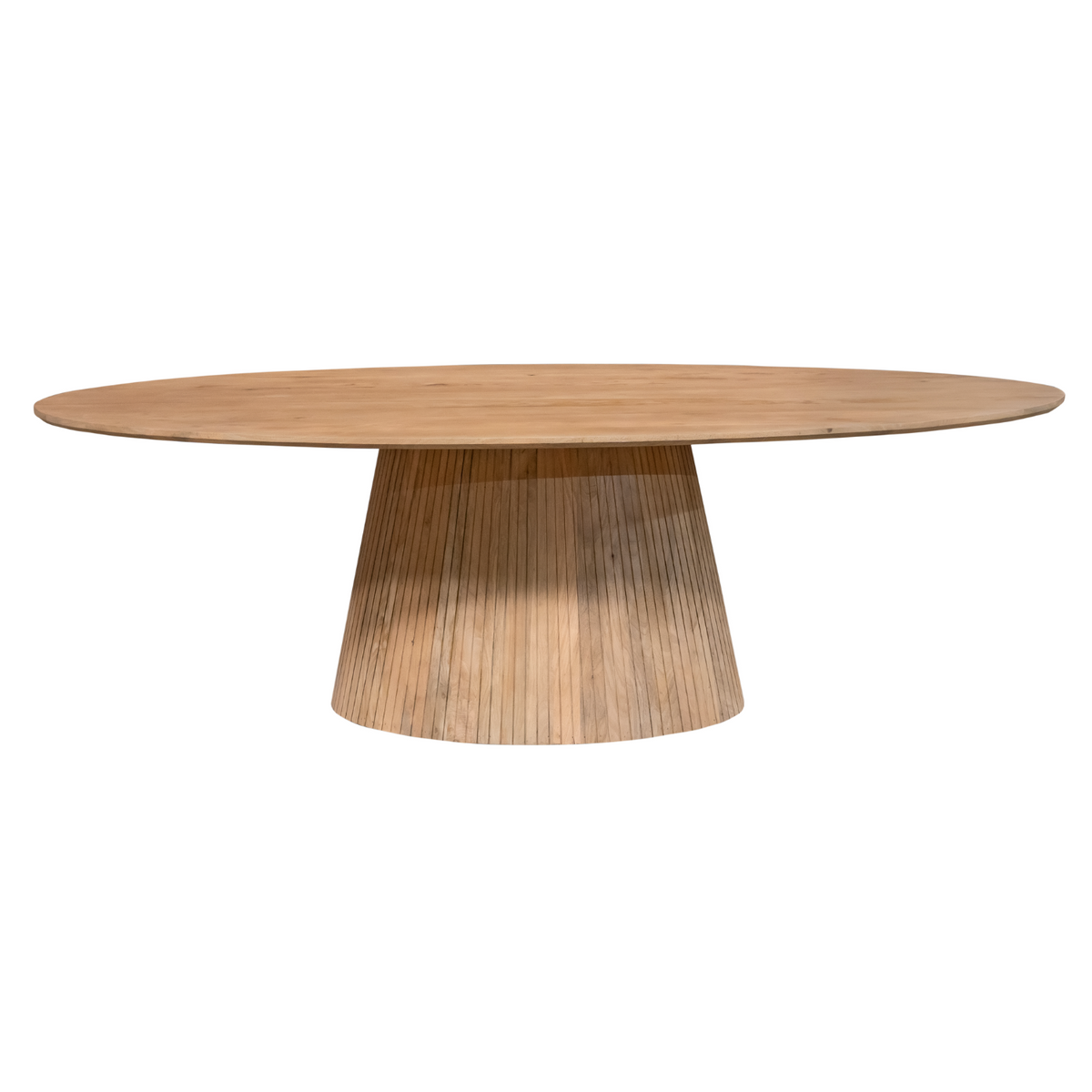 Ovale eettafel met naturel blad en brede taps toelopende middenpoot