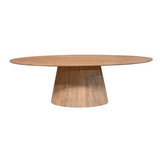 Ovale eettafel in naturel hout met centraal taps toelopende poot