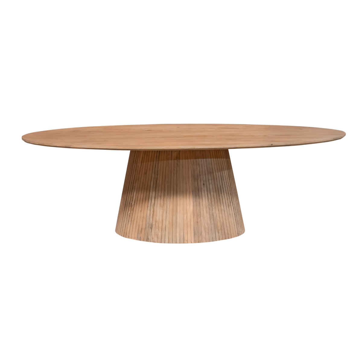 Ovale eettafel in naturel hout met centraal taps toelopende poot