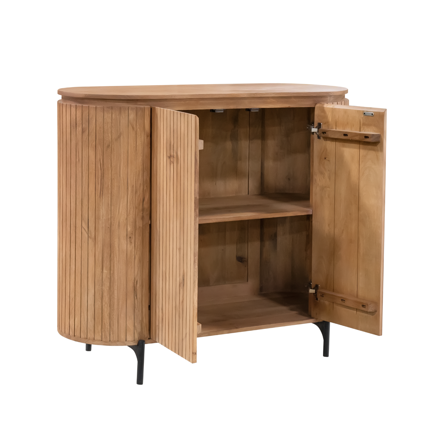 Solana kabinetkast met open deur en legplank binnenin, naturel hout.