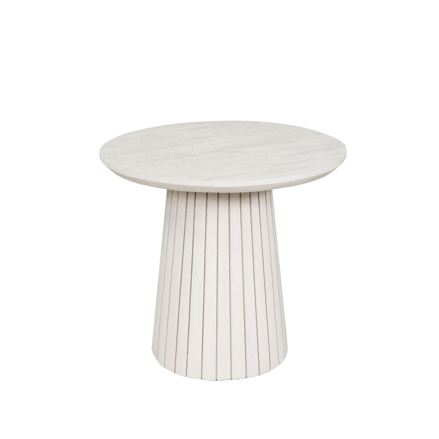 Ronde salontafel van zandkleurig mangohout met geribbelde zuil, 50 cm breed