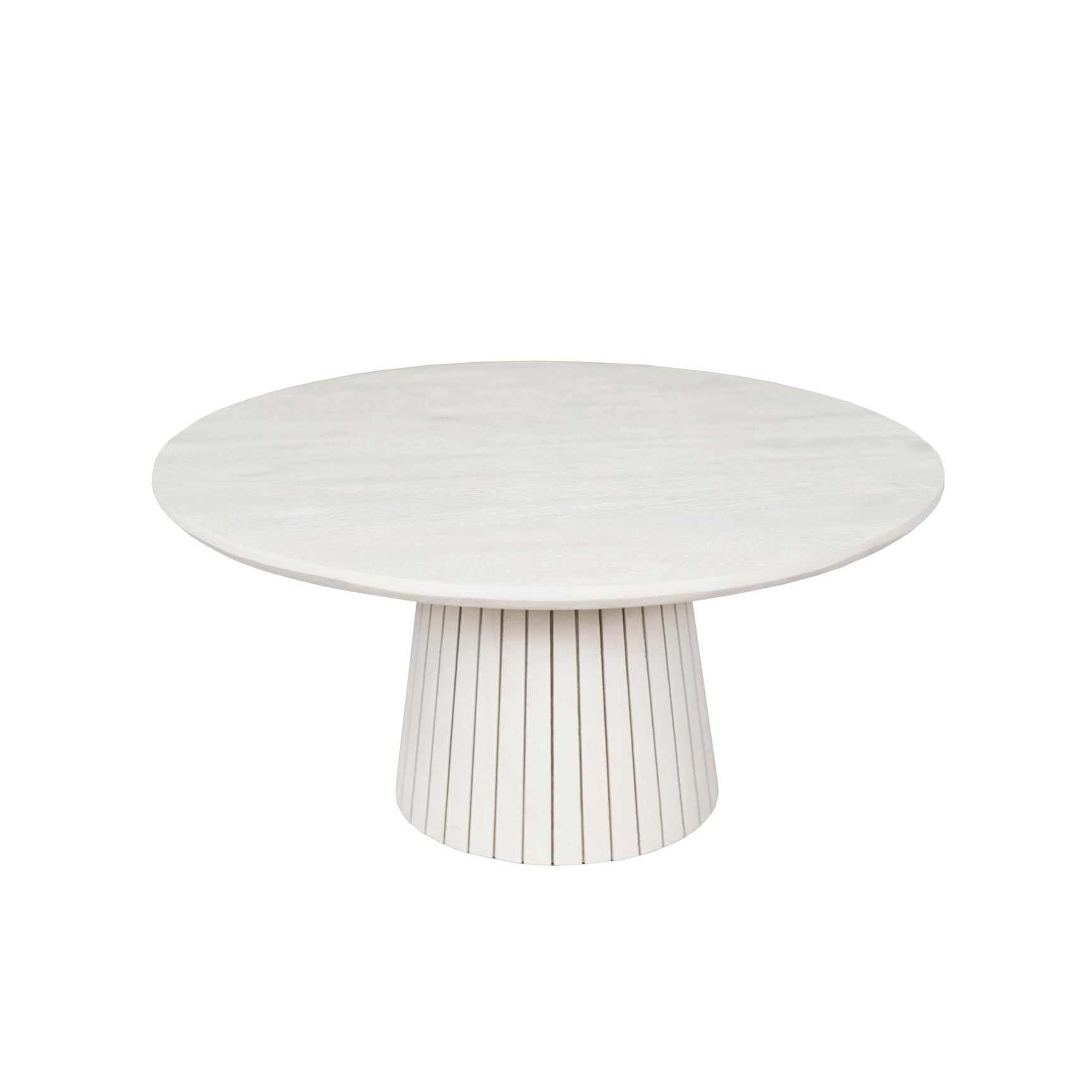 Ronde salontafel met zandkleurig mangohouten blad en rechte geribbelde poot