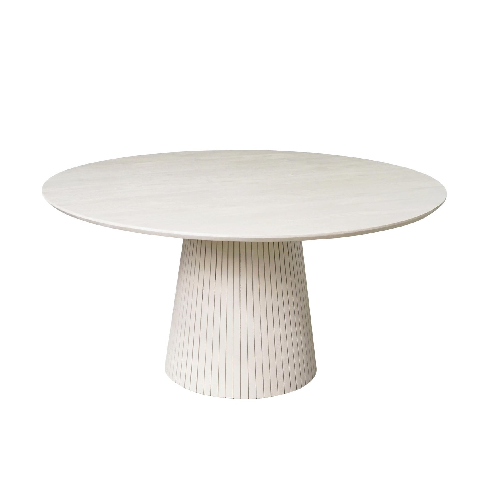 Ronde eettafel van zand mangohout met geribbelde poot, blad 130 cm