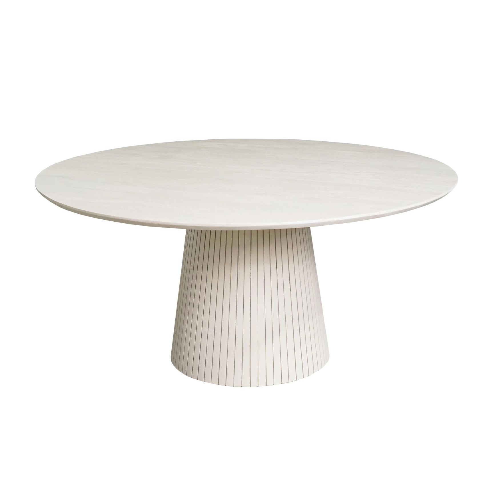 Ronde eettafel met glad, licht zandkleurig blad en cilindrische middenzuil