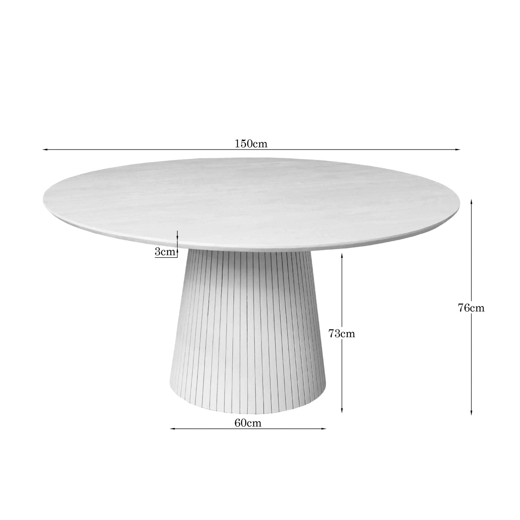 Ronde eettafel, 150 cm ø en 76 cm hoog; licht zandblad met middenzuil