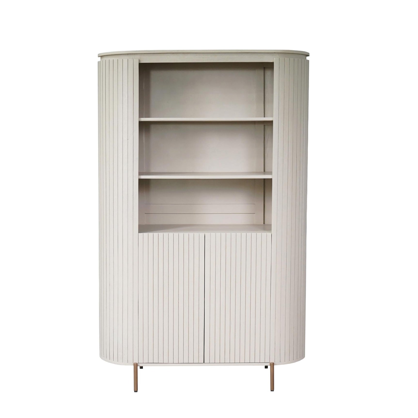 Wandkast in zandkleur met twee deuren en 3 open planken, staand model