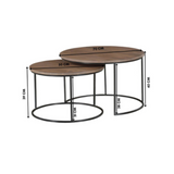 Afmetingendiagram van 3 ronde tafels met metalen onderstel en houten bladen