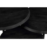 Zwarte ronde salontafel met houtnerf, afgeronde rand en poten