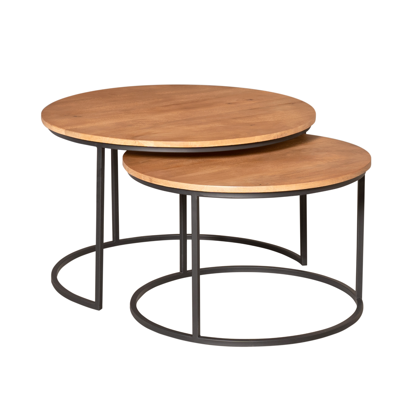 Ronde salontafelset met twee houten bladen en zwart metalen onderstellen