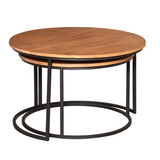 Ronde salontafel met twee niveaus: houtkleurig blad en zwart metalen frame