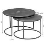 Salontafelset van 2 met donkergrijs blad en zwart metalen frame, met afmetingen