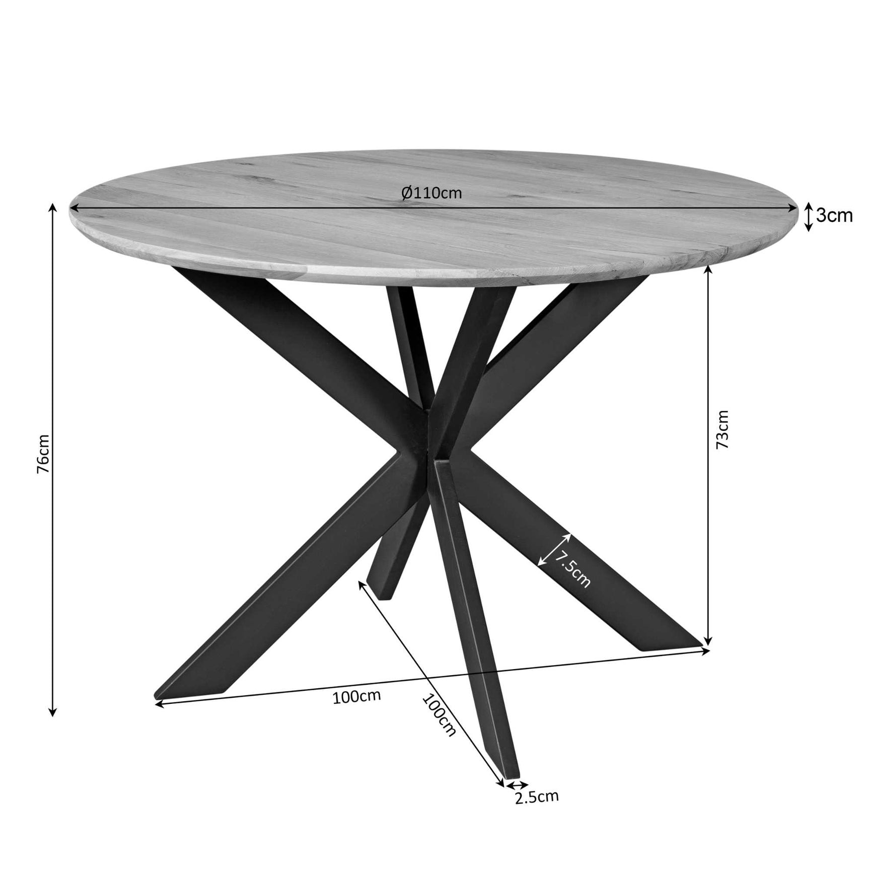 Ronde eettafel met bruin blad, Ø110 cm, afmetingen rond 75 cm hoogte