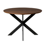 Ronde eettafel met bruin houten blad en zwarte X-poten, staanders onder de rand.