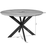 Ronde eettafel met bruin houten blad en zwarte X-onderstel, zijdelings uitzicht.