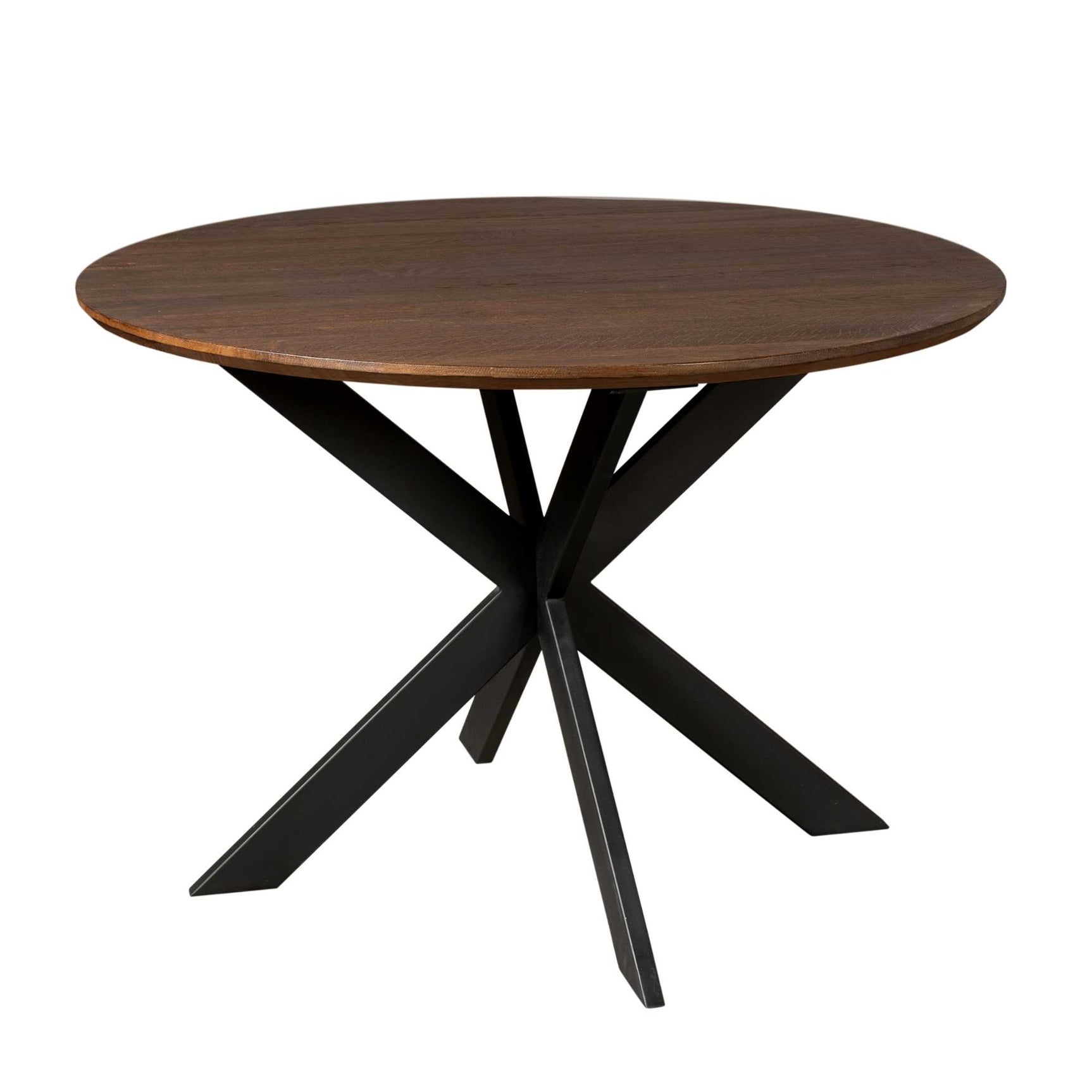 Ronde eettafel met bruin blad en zwart kruisvormig onderstel