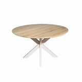 Ronde eiken eettafel met naturel tafelblad en kruisende pootconstructie