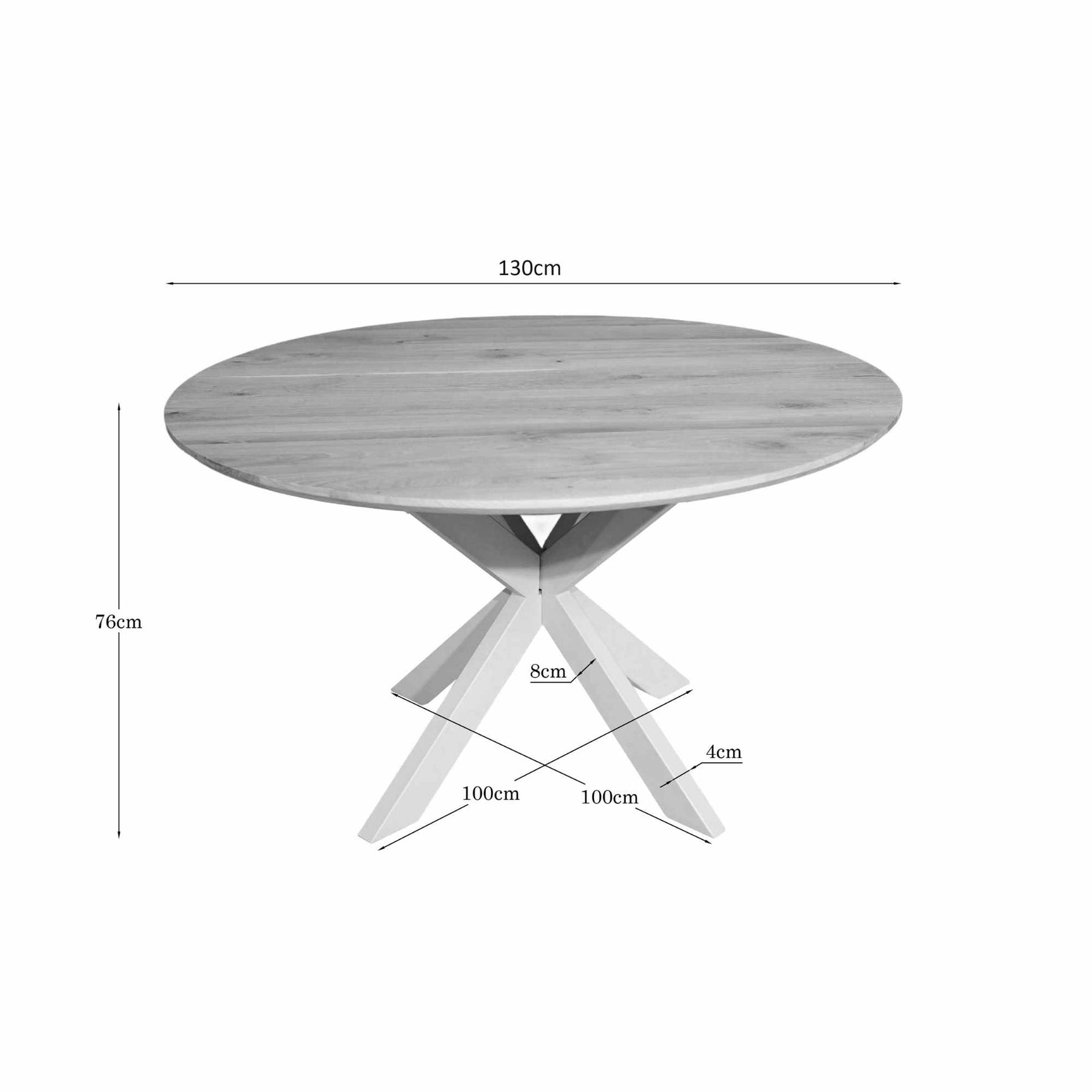 Ronde eiken eettafel met naturel blad; afmetingen 130 cm en hoogte 76 cm