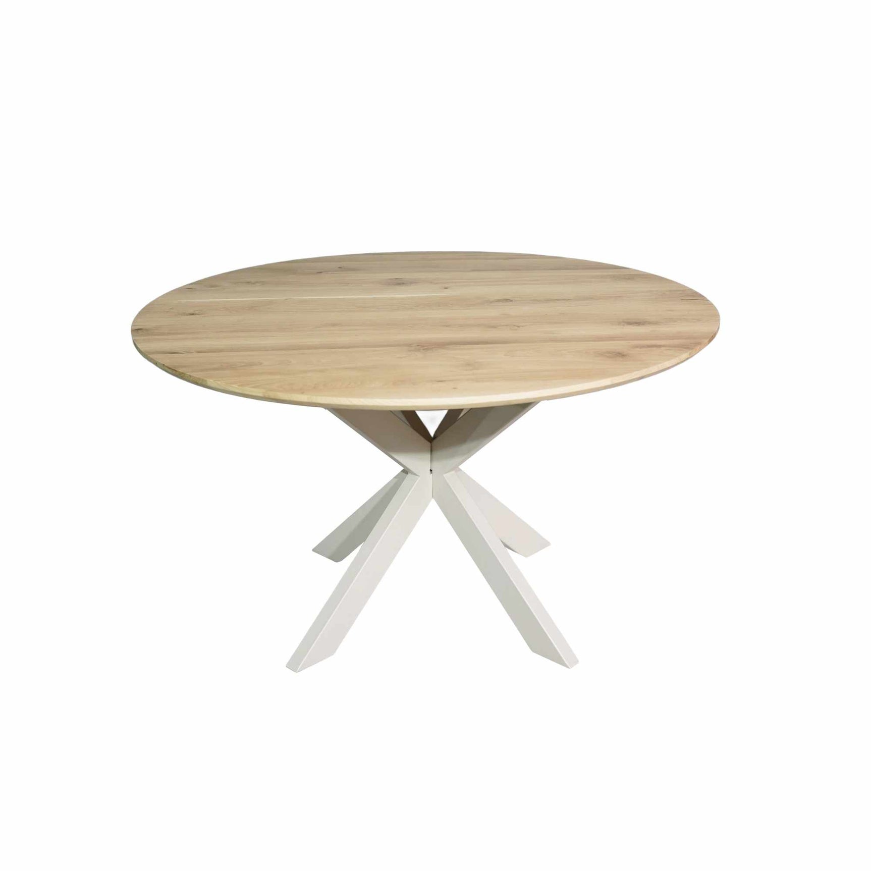 Ronde eettafel met naturel eikenblad en vier uitlopende poten op kruisvoet