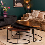 Ronde salontafelset met bruin blad en zwart metalen onderstel, twee tafels