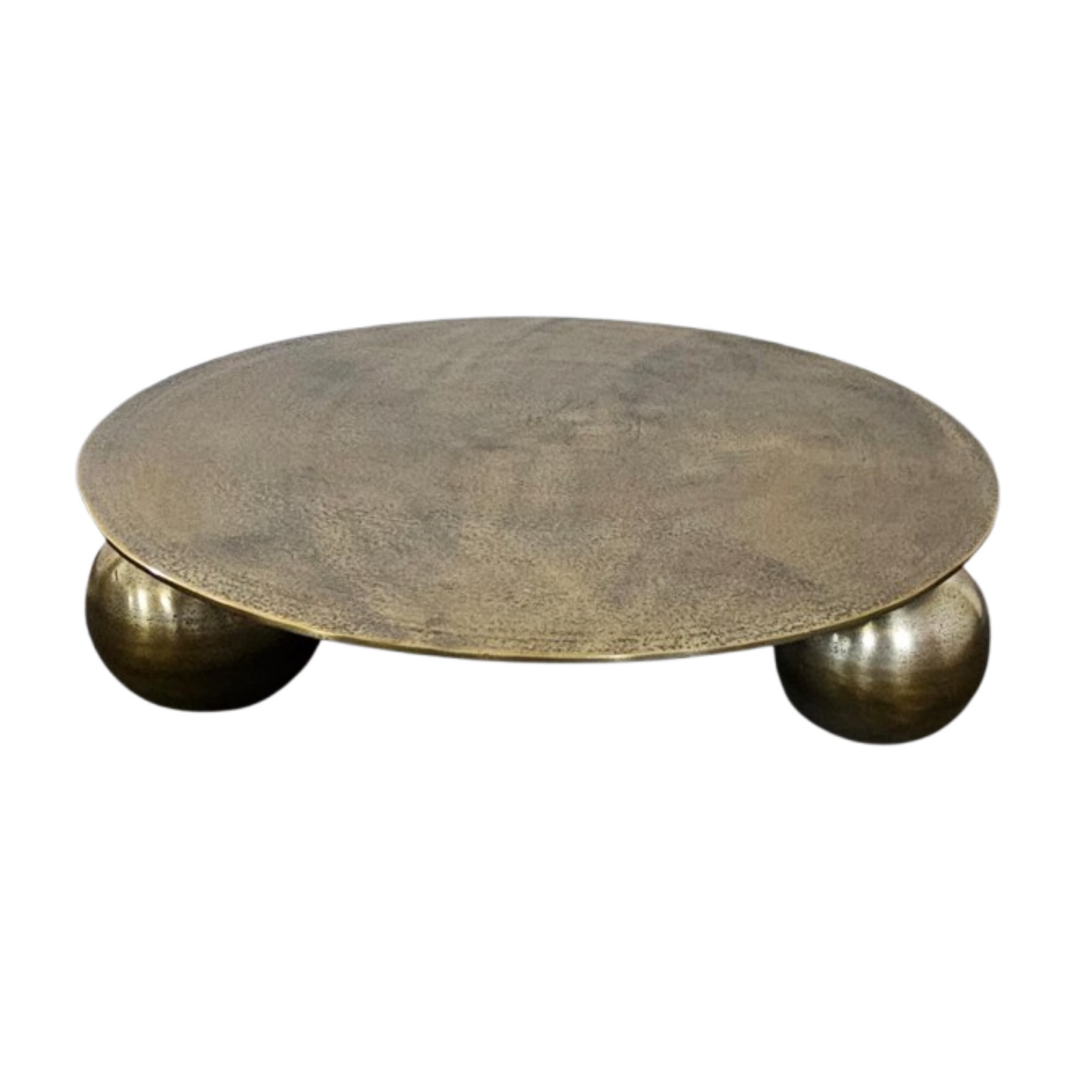 Ronde salontafel met goudkleurig blad en drie dikke ronde pootjes