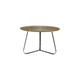 Ronde salontafel met goudbruin blad en zwart metalen onderstel met schuine poten