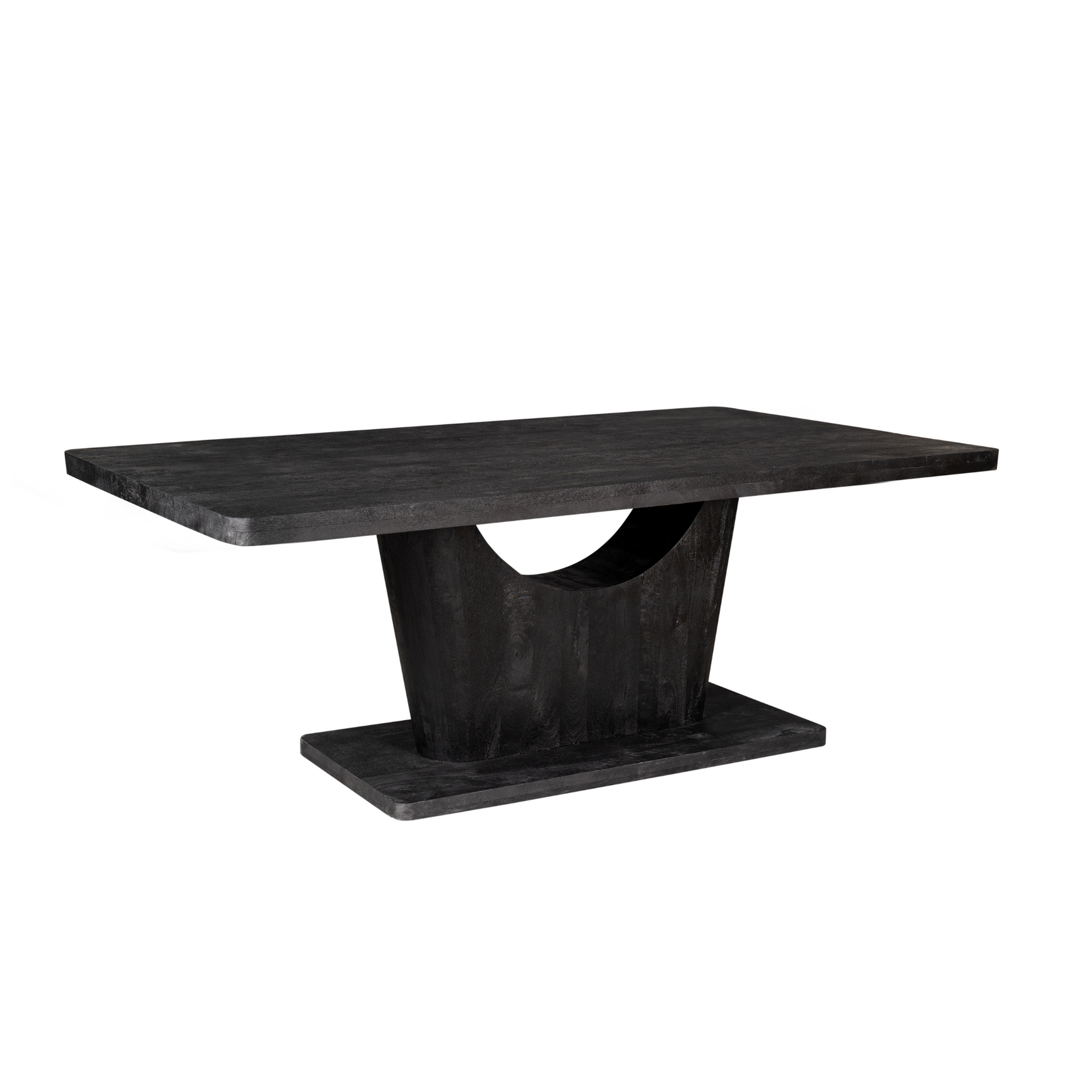 Zwarte eettafel met langwerpig blad en U-vormige onderstelbasis met halfronde opening