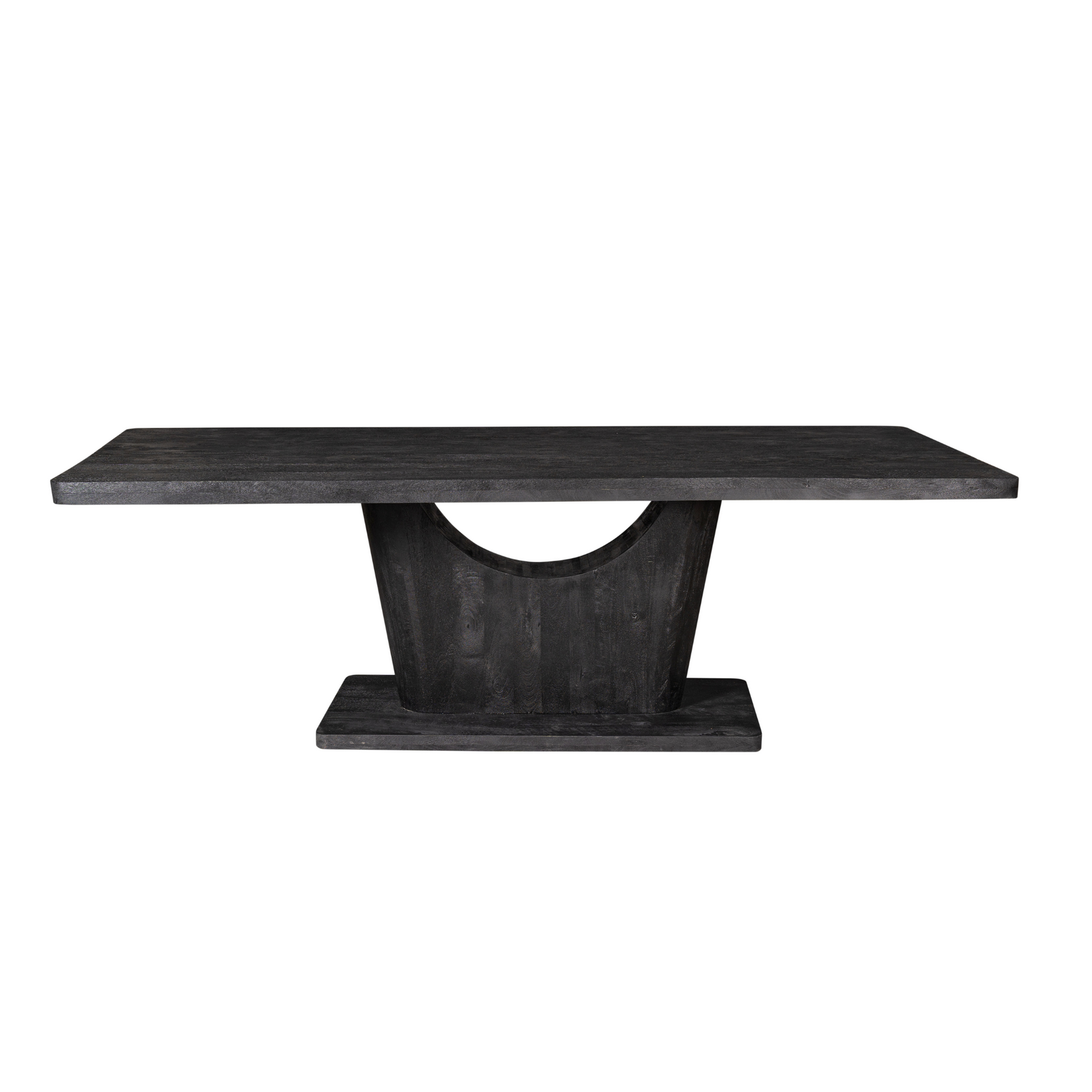 Zwarte eettafel met rechthoekig blad en centrale poot met halfronde uitsparing.