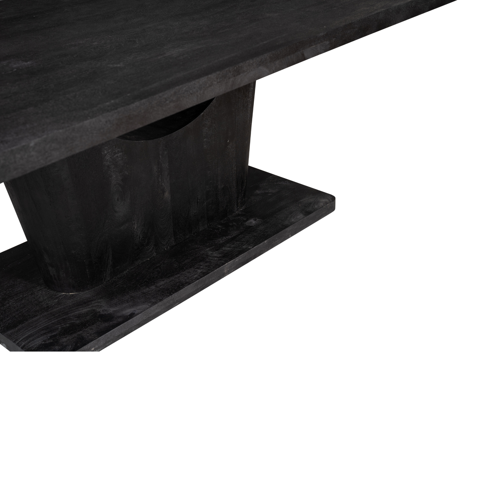 Zwarte eettafel: close-up van het centrale onderstel en de bladrand.