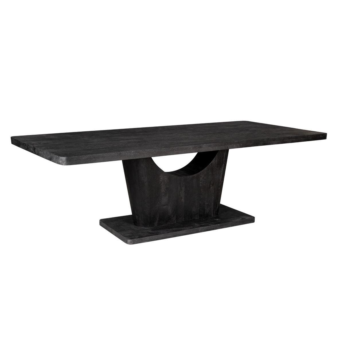 Zwarte eettafel met breed rechthoekig blad en centrale poot met ronde uitsparing.