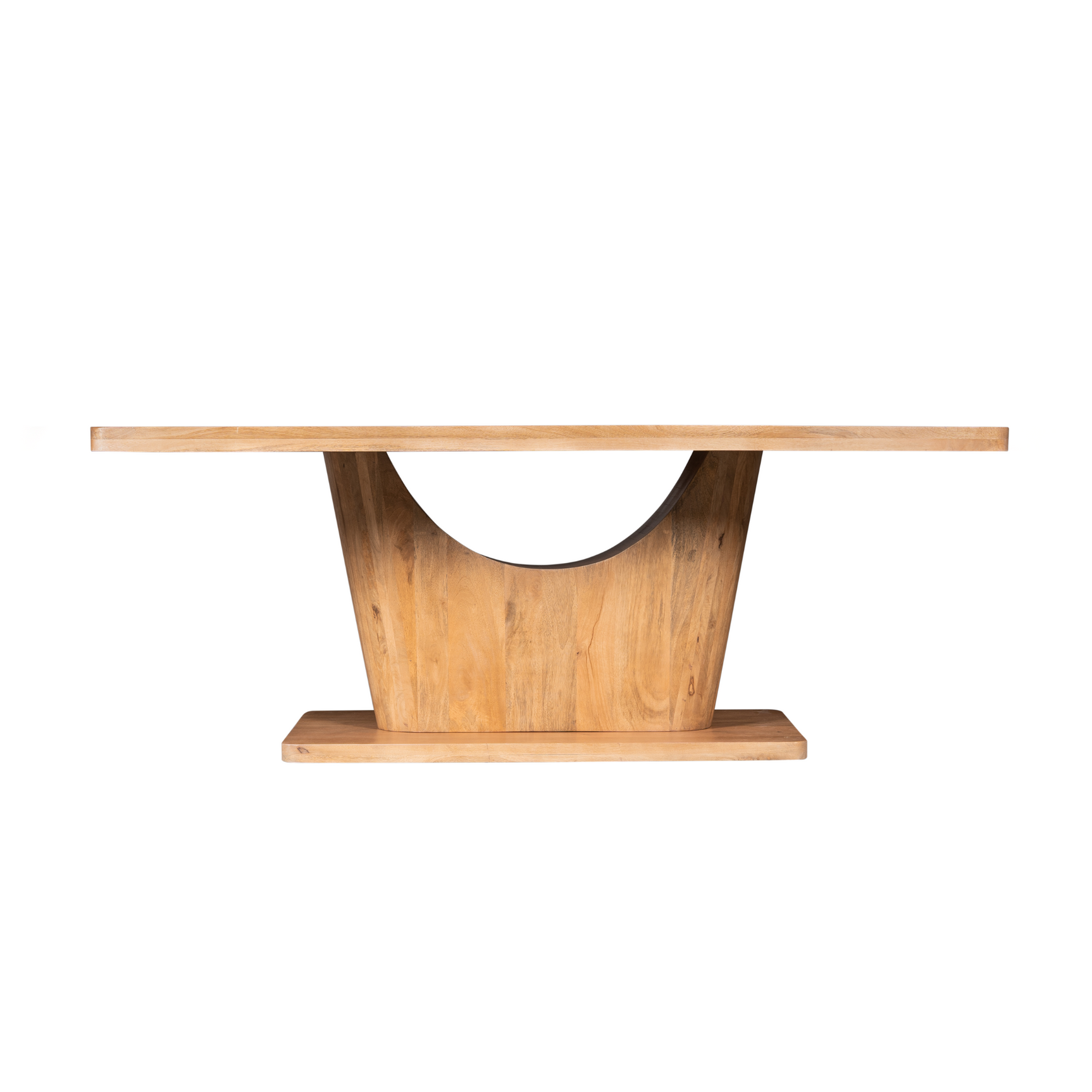 Eettafel met naturel houten tafelblad en centrale poot met halfronde uitsparing