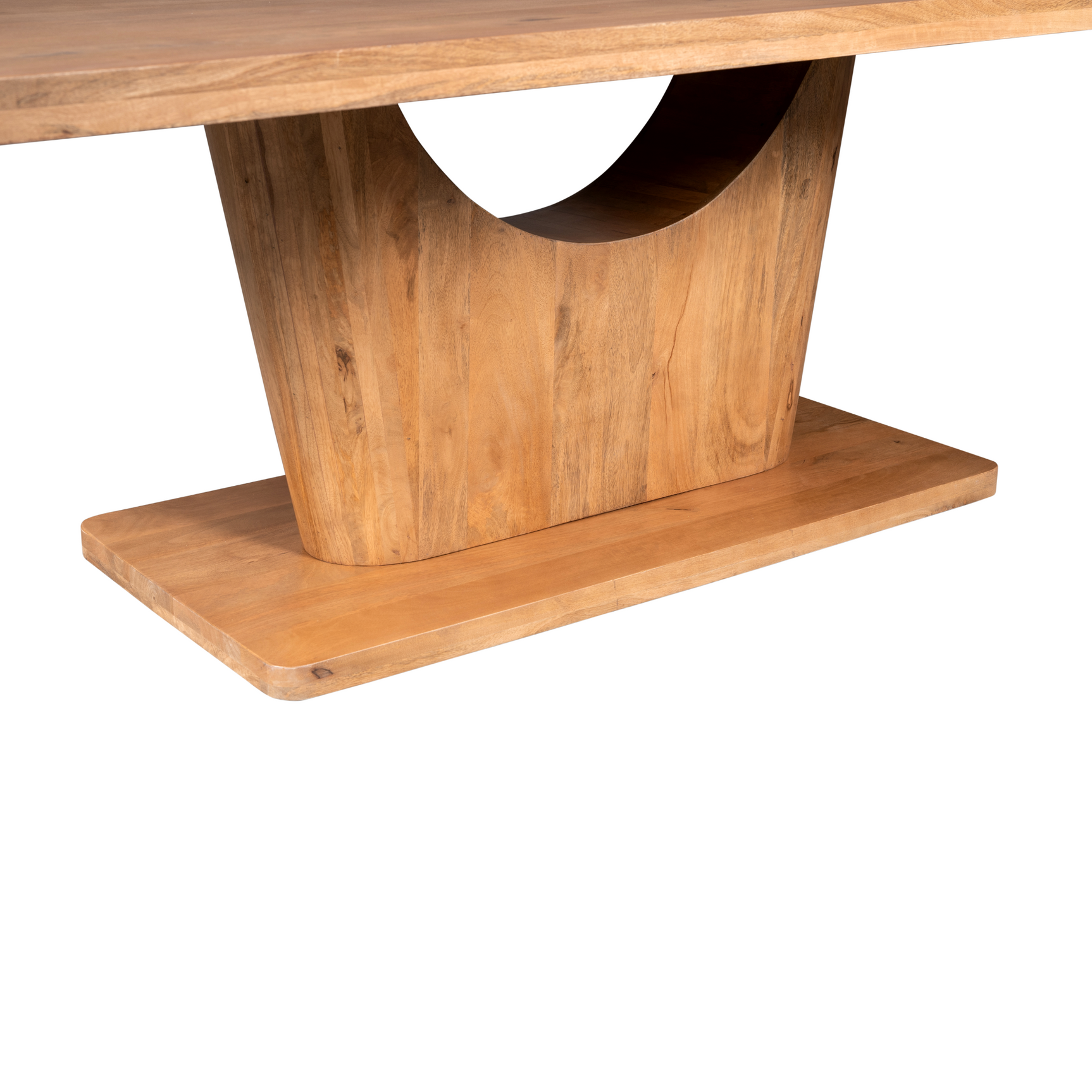 Eettafel detail: centraal pootblok met halfronde uitsparing en brede ondervoet