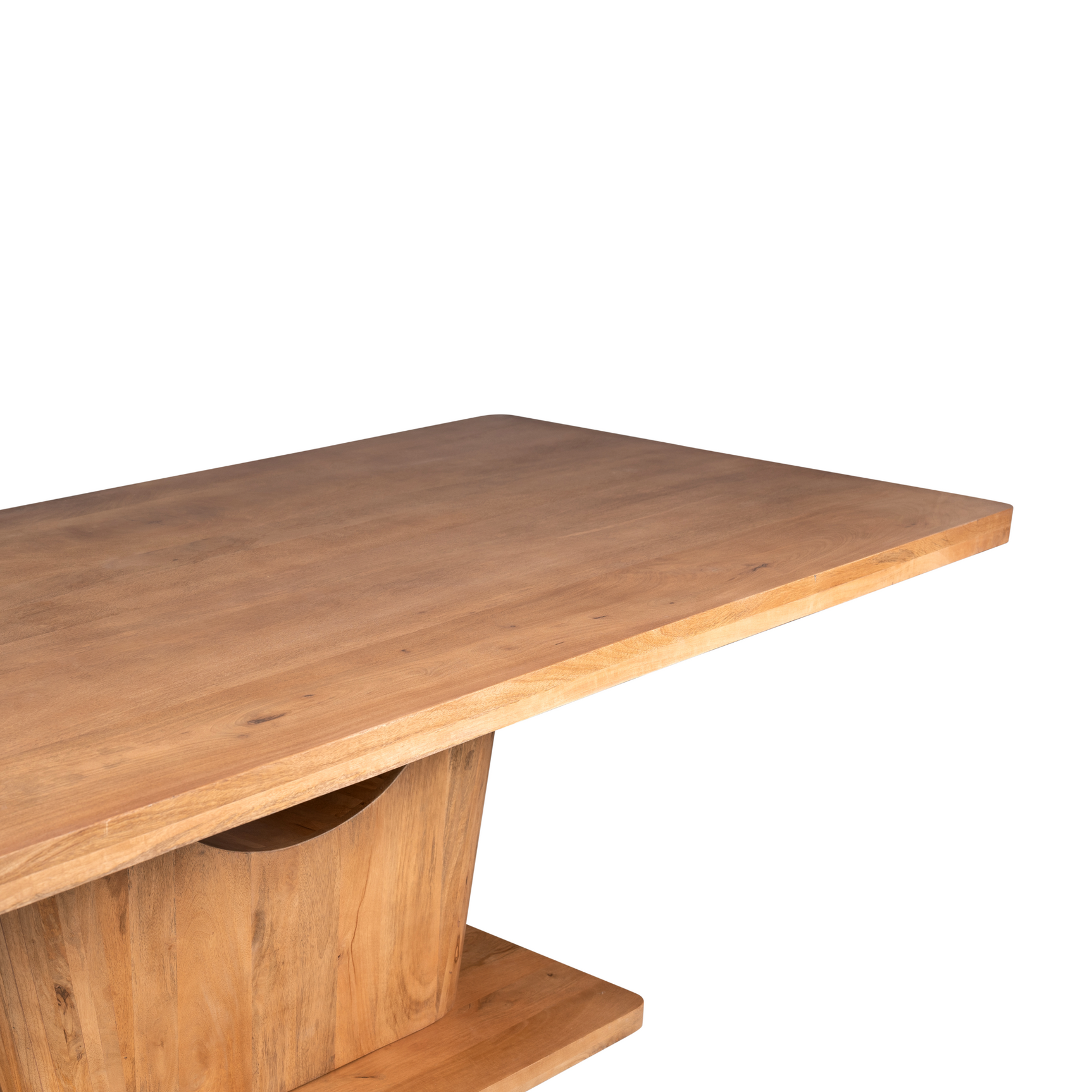 Eettafel zijaanzicht: naturel houten blad met massieve poot en lage voet