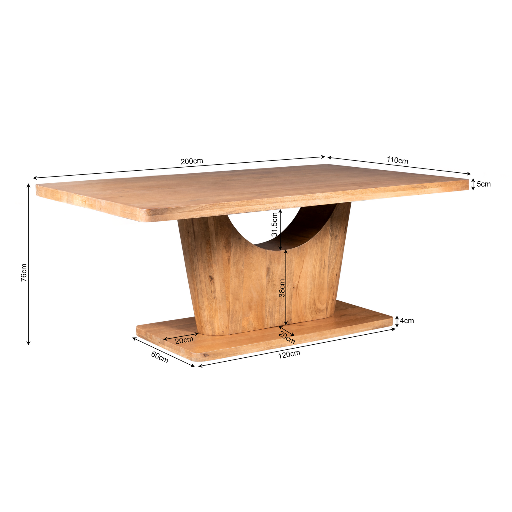 Eettafel met afmetingen 200×110 cm; hoogte 76 cm; blad 5 cm (tekening)