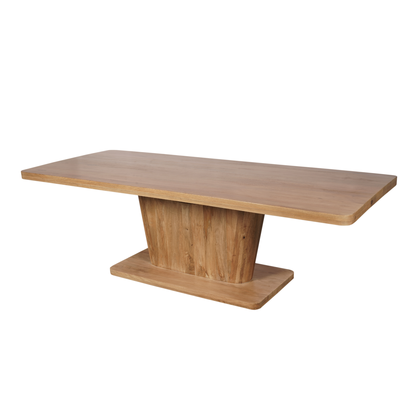 Eettafel van naturel hout met brede middenpoot en afgeronde tafelrand