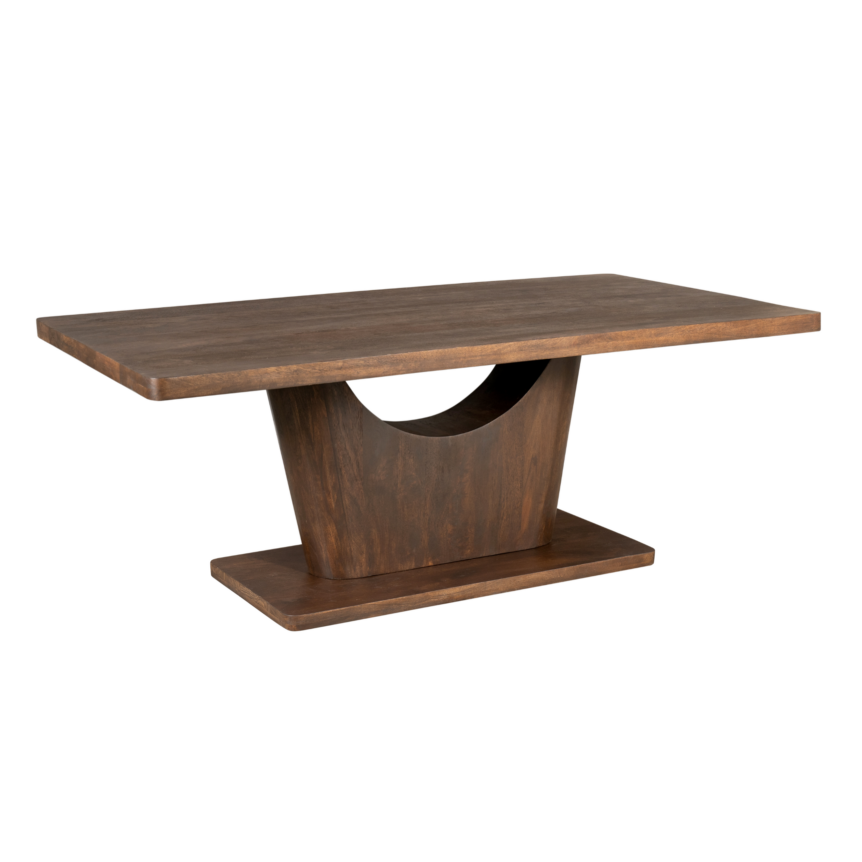 Eettafel Voco met donkerbruin houten blad en middenpoot, ronde booguitsparing