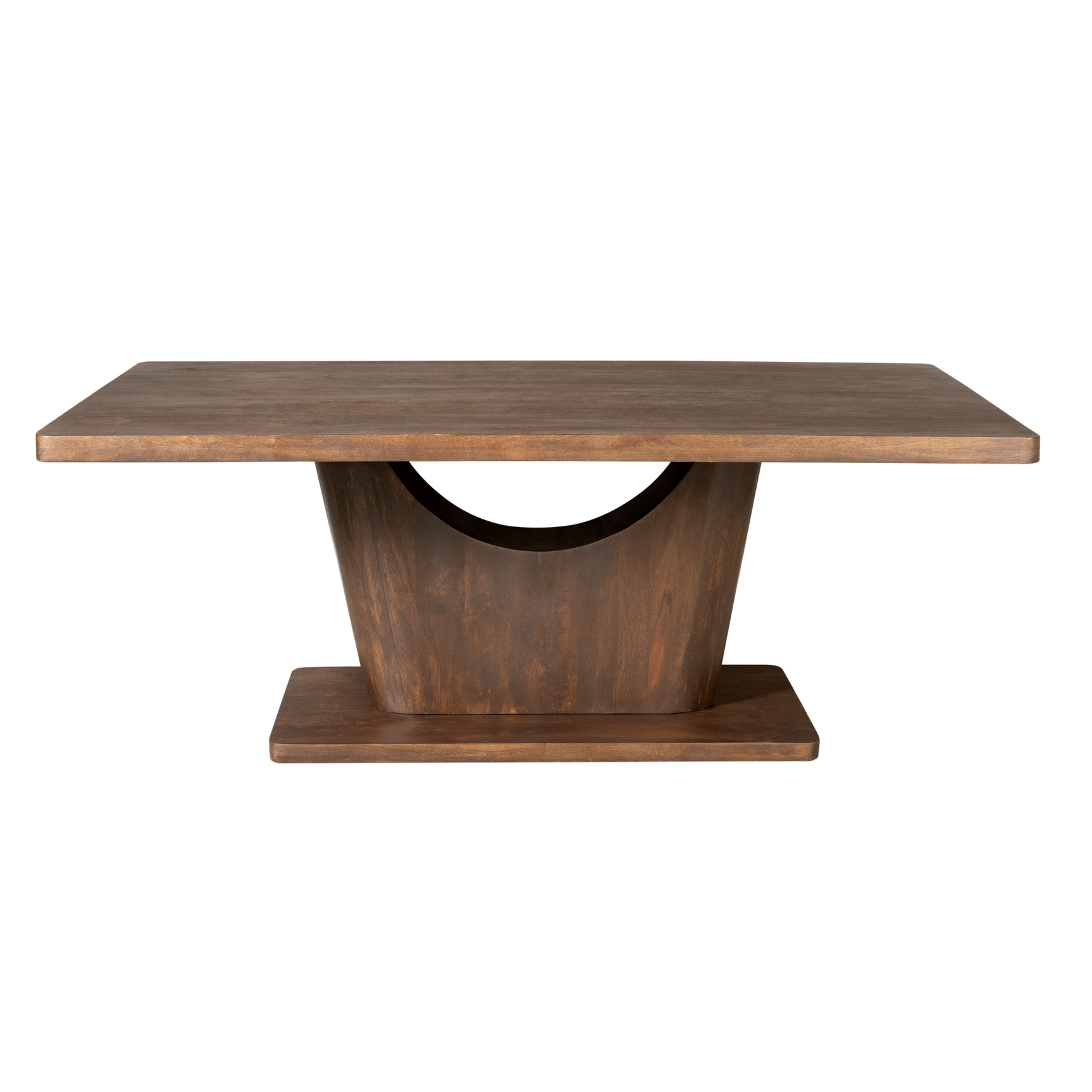 Eettafel Voco met bruin houten blad en centrale poot met ronde booguitsparing
