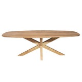 Ovale houten eettafel met uitklapbaar kruis-onderstel en centrale steun, licht hout